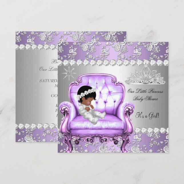 Prinsessa Baby Shower Flicka Lavendel Silver Stol Inbjudningar (Fram/baksida)