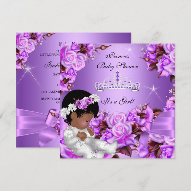 Prinsessa Baby Shower Flicka Lila Rosa Ros Bow 2 Inbjudningar (Fram/baksida)