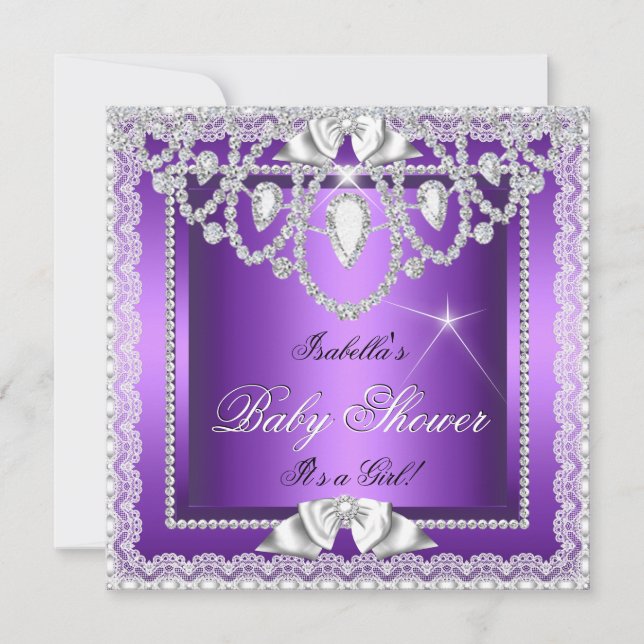 Prinsessa Baby Shower Flicka Lila Spets Diamant 2 Inbjudningar (Framsida)
