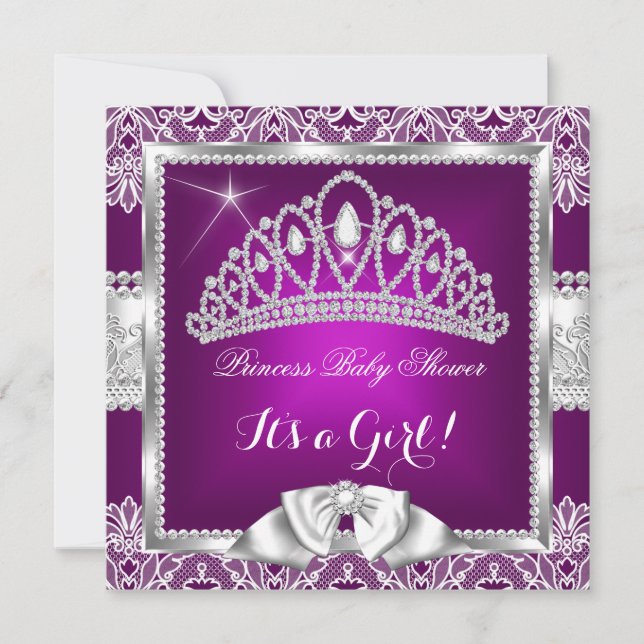 Prinsessa Baby Shower Flicka Plommon Rosa Silver S Inbjudningar (Framsida)