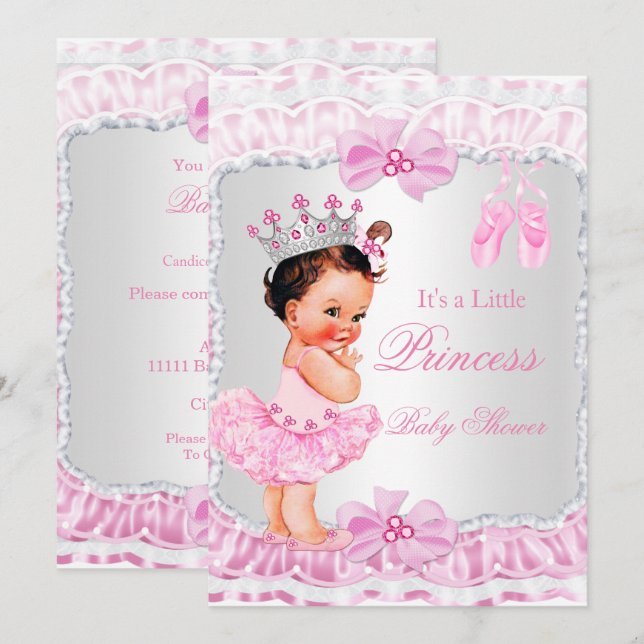Prinsessa Baby Shower Flicka Rosa Ballerina Brunet Inbjudningar (Fram/baksida)