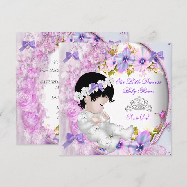 Prinsessa Baby Shower Flicka Rosa Lila Blommig 3 Inbjudningar (Fram/baksida)