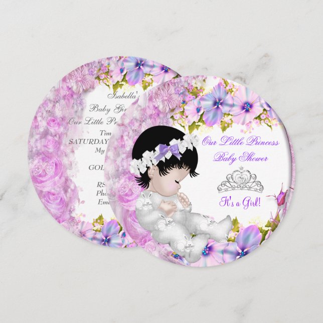 Prinsessa Baby Shower Flicka Rosa Lila Blommig 3a Inbjudningar (Fram/baksida)