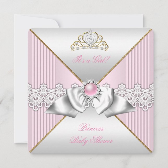 Prinsessa Baby Shower Flicka Rosa Pärla Guld silve Inbjudningar (Framsida)