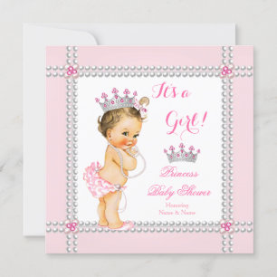 Prinsessa Baby Shower Flicka Rosa Pärlor Brunett Inbjudningar