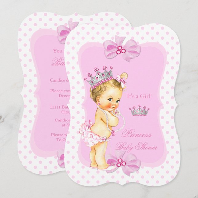 Prinsessa Baby Shower Flicka Rosa Prickar Blondin Inbjudningar (Fram/baksida)