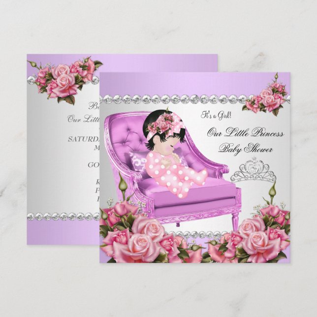 Prinsessa Baby Shower Flicka Rosa Rosor Lavendel 2 Inbjudningar (Fram/baksida)