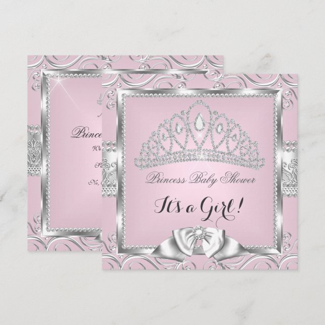 Prinsessa Baby Shower Flicka Rosa Silver damast Inbjudningar (Fram/baksida)