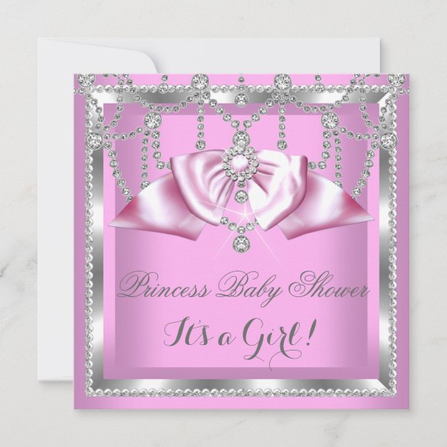 Prinsessa Baby Shower Flicka Rosa Silver Diamant Inbjudningar (Framsida)