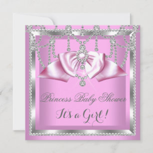 Prinsessa Baby Shower Flicka Rosa Silver Diamant Inbjudningar