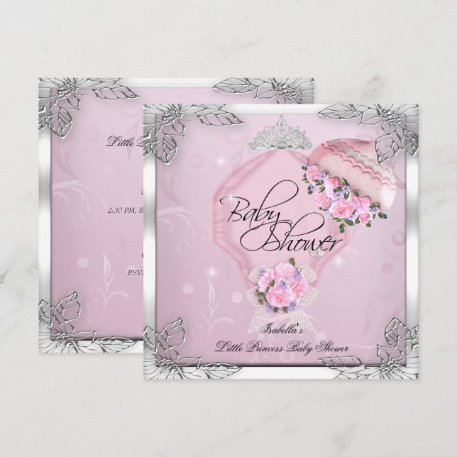 Prinsessa Baby Shower Flicka Rosa Silver Rosor Inbjudningar (Fram/baksida)