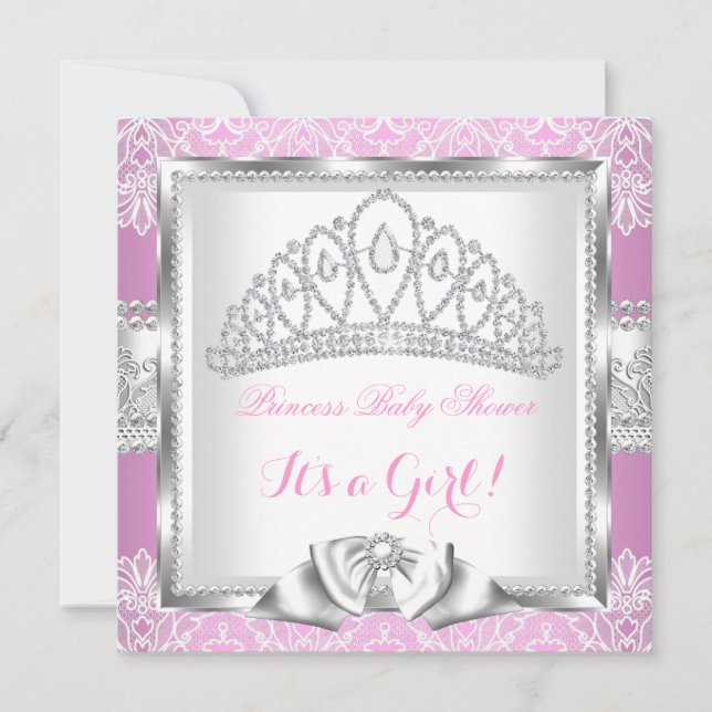 Prinsessa Baby Shower Flicka Rosa Silver Spets 2 Inbjudningar (Framsida)
