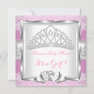 Prinsessa Baby Shower Flicka Rosa Silver Spets 2 Inbjudningar