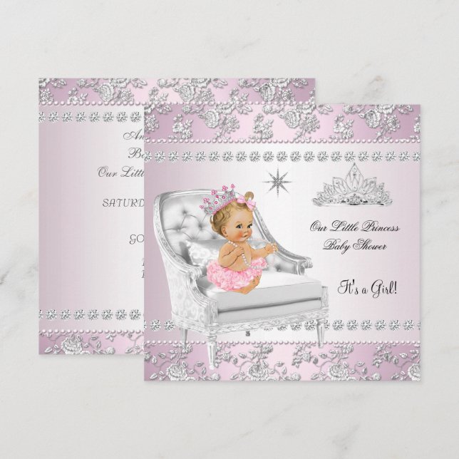 Prinsessa Baby Shower Flicka Rosa Silver Stol blon Inbjudningar (Fram/baksida)