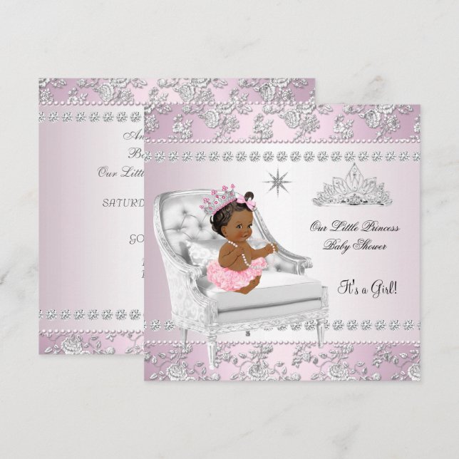 Prinsessa Baby Shower Flicka Rosa Silver Stol etni Inbjudningar (Fram/baksida)
