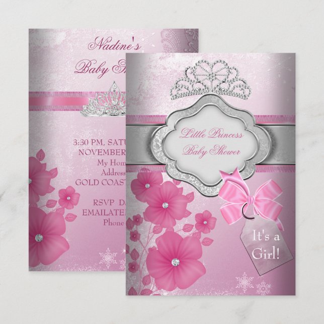 Prinsessa Baby Shower Flicka Rosa Tiara Prinsessa Inbjudningar (Fram/baksida)