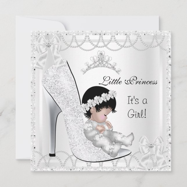 Prinsessa Baby Shower Flicka Silver Vit Skor Inbjudningar (Framsida)