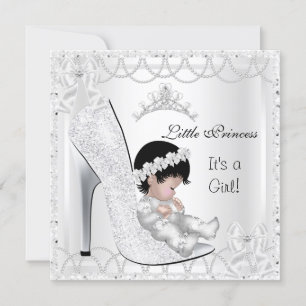 Prinsessa Baby Shower Flicka Silver Vit Skor Inbjudningar