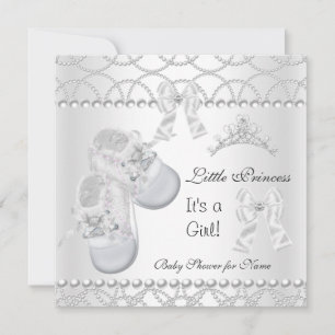 Prinsessa Baby Shower Flicka Silver Vita Skor Inbjudningar