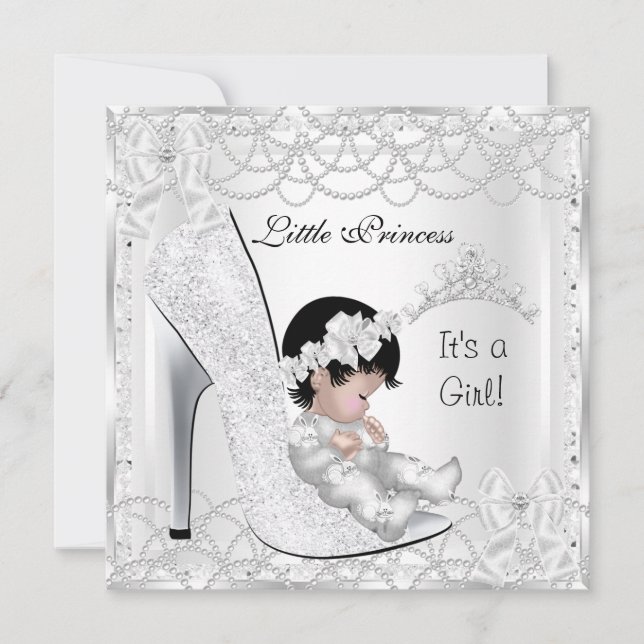 Prinsessa Baby Shower Flicka Silver Vitt Pärla Inbjudningar (Framsida)