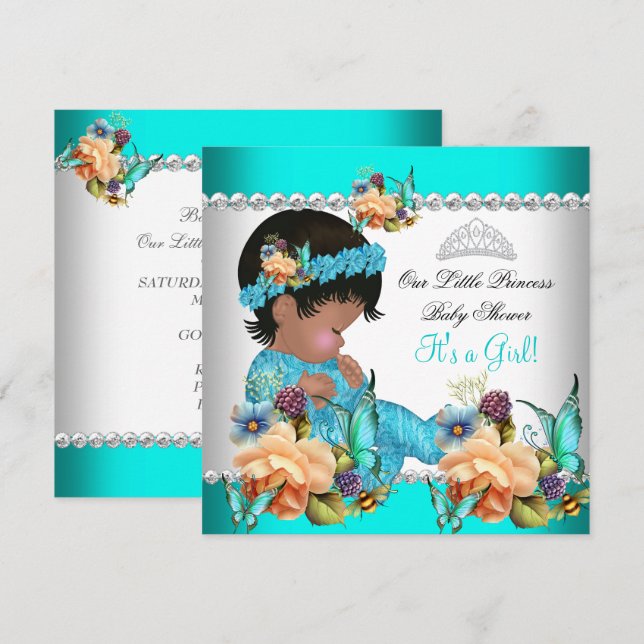 Prinsessa Baby Shower Flicka Teal Blå Blommor Inbjudningar (Fram/baksida)
