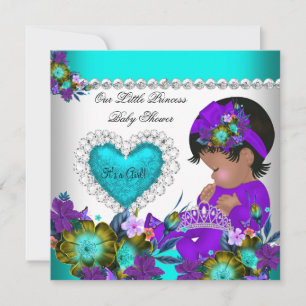 Prinsessa Baby Shower Flicka Teal Blå Hjärtat Lila Inbjudningar