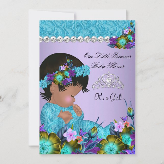 Prinsessa Baby Shower Flicka Teal Blå Lila 2 Inbjudningar (Framsida)