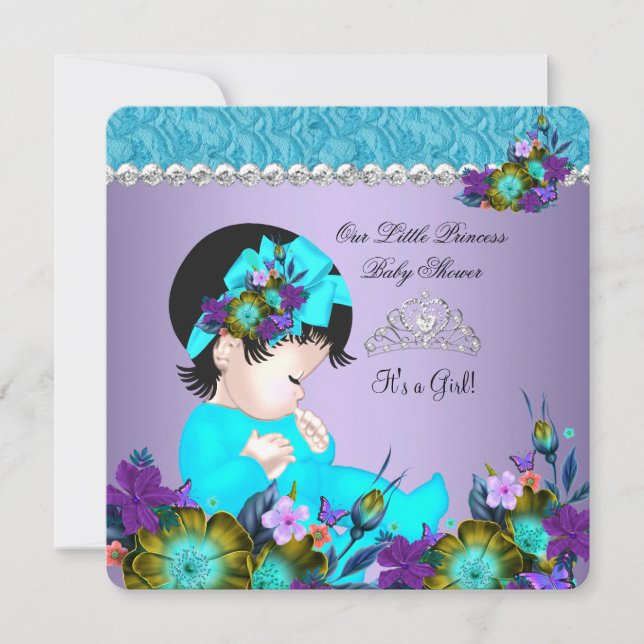 Prinsessa Baby Shower Flicka Teal Blå Lila 3 Inbjudningar (Framsida)