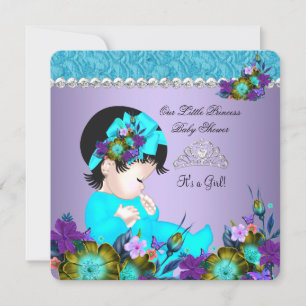 Prinsessa Baby Shower Flicka Teal Blå Lila 3 Inbjudningar