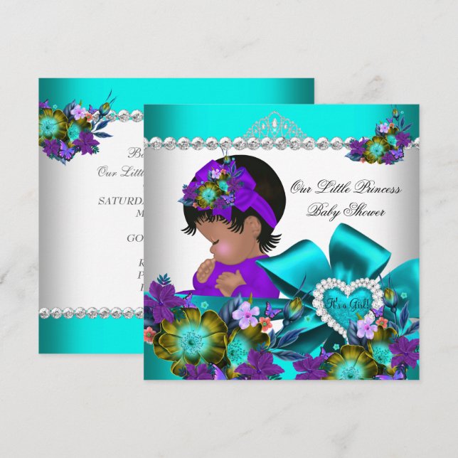 Prinsessa Baby Shower Flicka Teal Blå Lila 3 Inbjudningar (Fram/baksida)
