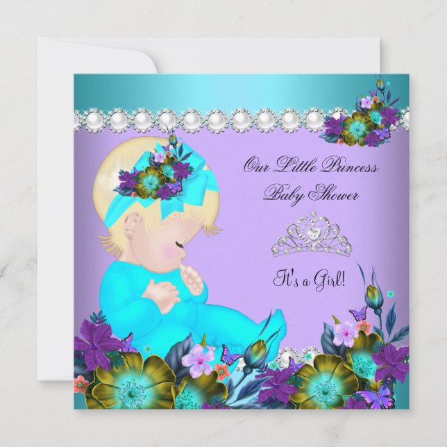 Prinsessa Baby Shower Flicka Teal Blå Lila Blond Inbjudningar (Framsida)