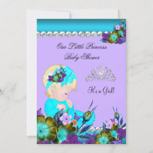 Prinsessa Baby Shower Flicka Teal Blå Lila Blond Inbjudningar