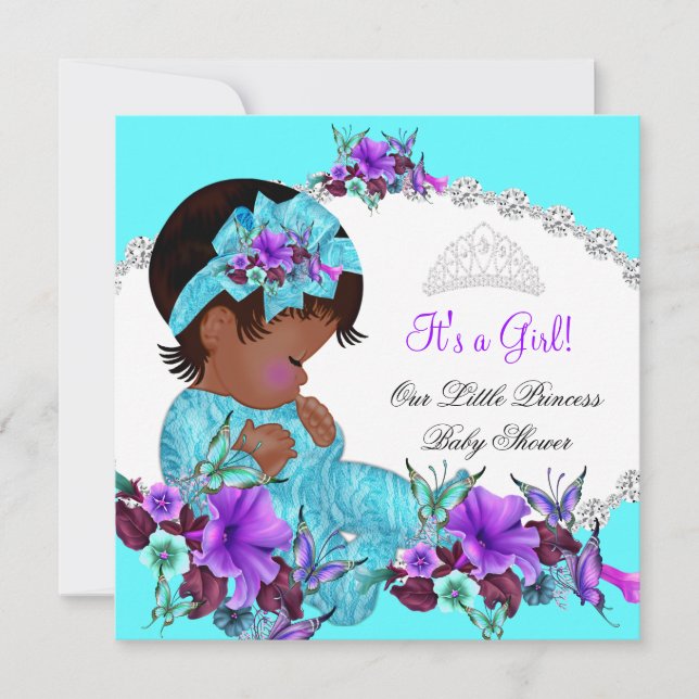Prinsessa Baby Shower Flicka Teal Blå Lila C1 Inbjudningar (Framsida)