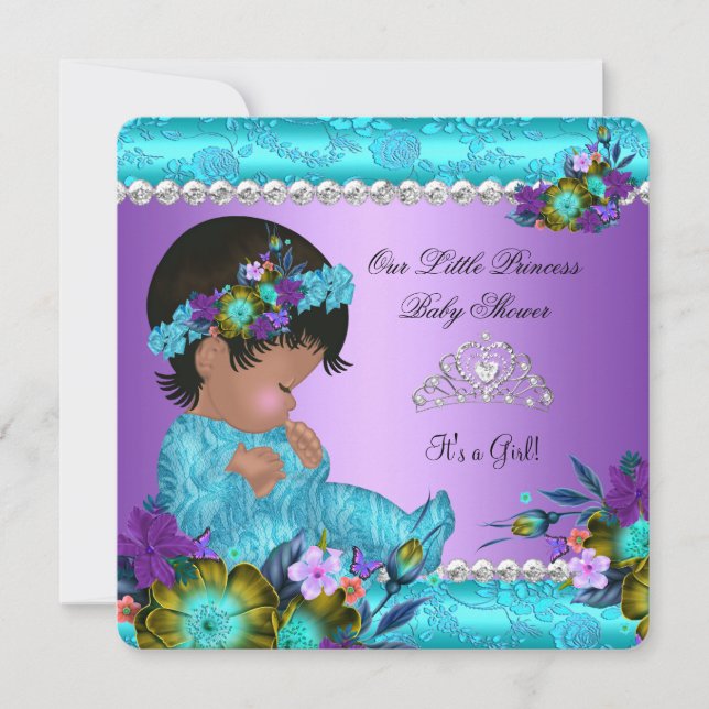 Prinsessa Baby Shower Flicka Teal Blå Lila Damask Inbjudningar (Framsida)