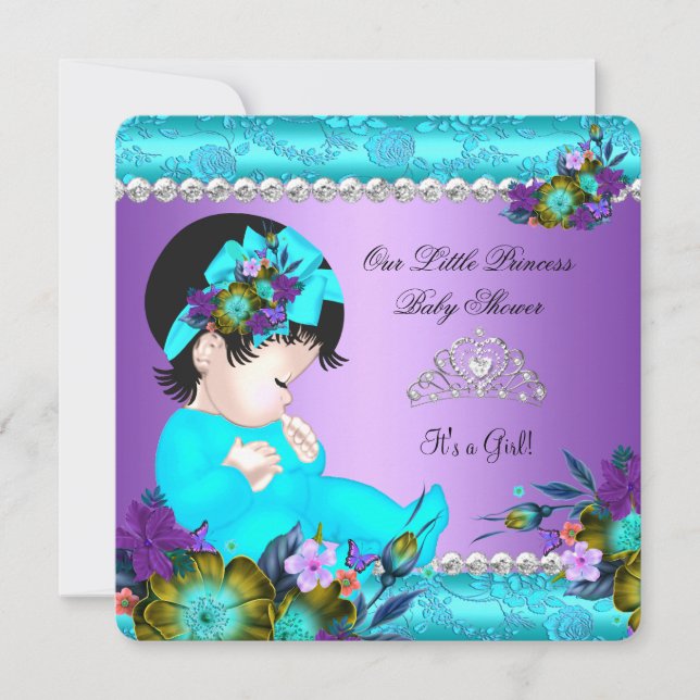 Prinsessa Baby Shower Flicka Teal Blå Lila Damask Inbjudningar (Framsida)