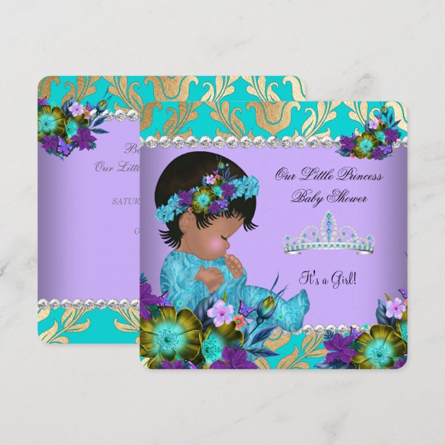 Prinsessa Baby Shower Flicka Teal Blå Lila Guld Inbjudningar (Fram/baksida)