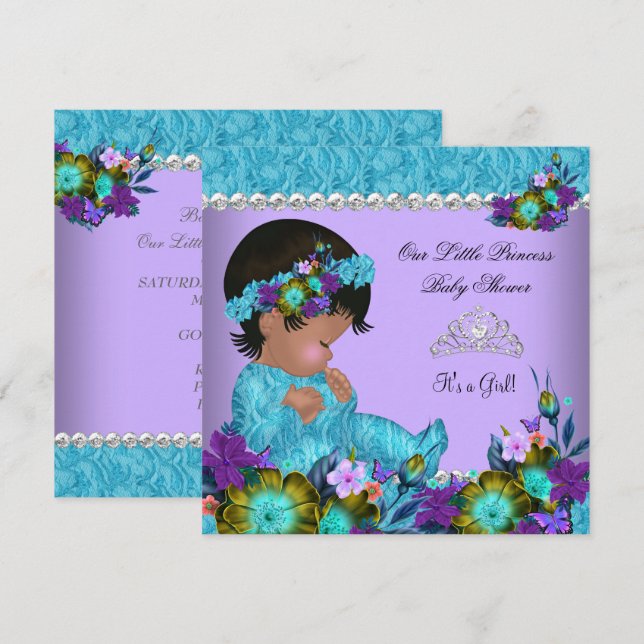 Prinsessa Baby Shower Flicka Teal Blå Lila Inbjudningar (Fram/baksida)