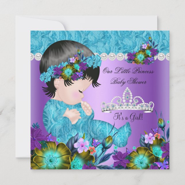 Prinsessa Baby Shower Flicka Teal Blå Lila Ny 2 Inbjudningar (Framsida)