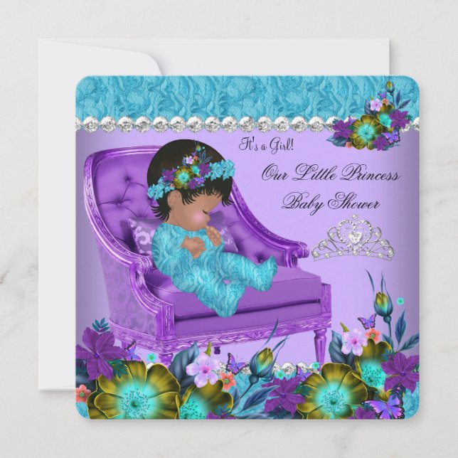 Prinsessa Baby Shower Flicka Teal Blå Lila Stol Inbjudningar (Framsida)