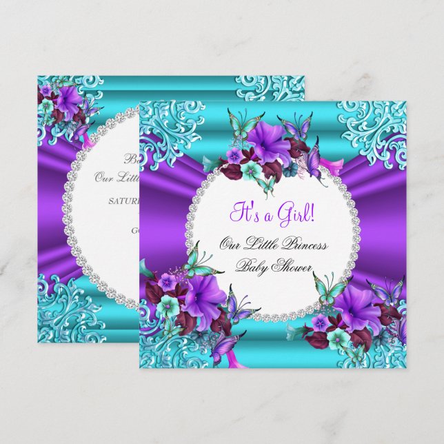 Prinsessa Baby Shower Flicka Teal Lila Blommig 3 Inbjudningar (Fram/baksida)