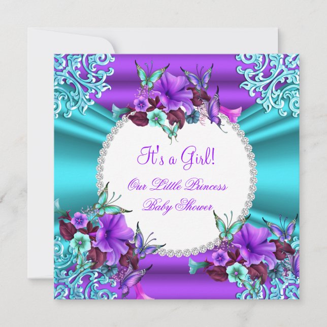Prinsessa Baby Shower Flicka Teal Lila Blommig 4 Inbjudningar (Framsida)