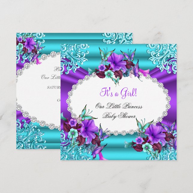 Prinsessa Baby Shower Flicka Teal Lila Blommig Inbjudningar (Fram/baksida)