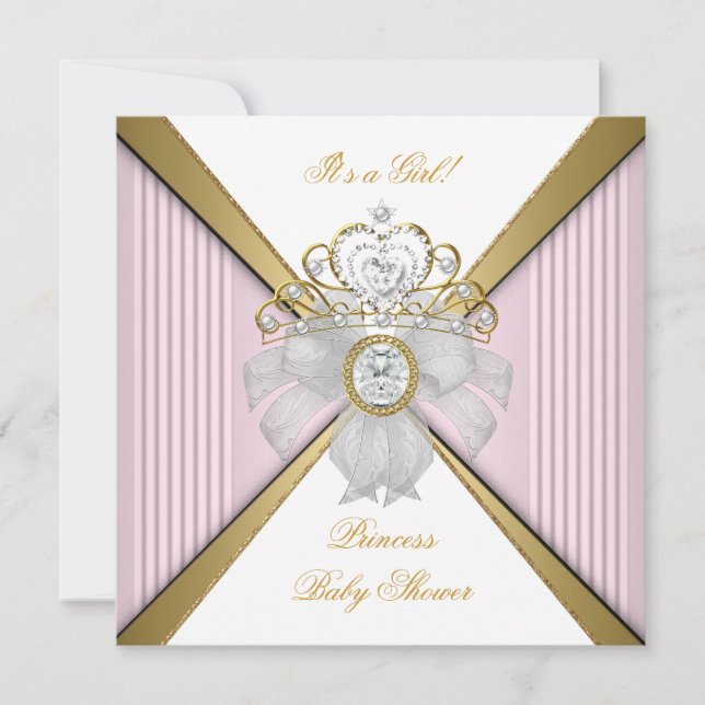 Prinsessa Baby Shower Flicka Vit Rosa Guld Inbjudningar (Framsida)