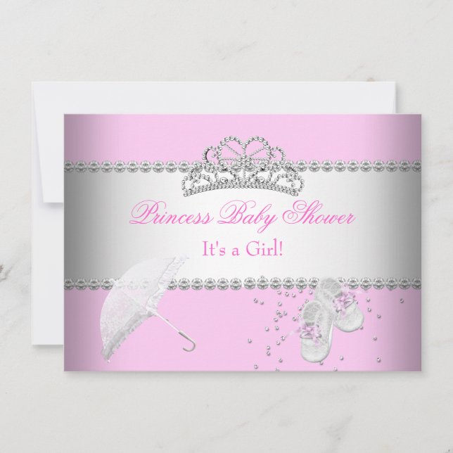 Prinsessa Baby Shower Flicka Vit Rosa Tiara 2 Inbjudningar (Framsida)