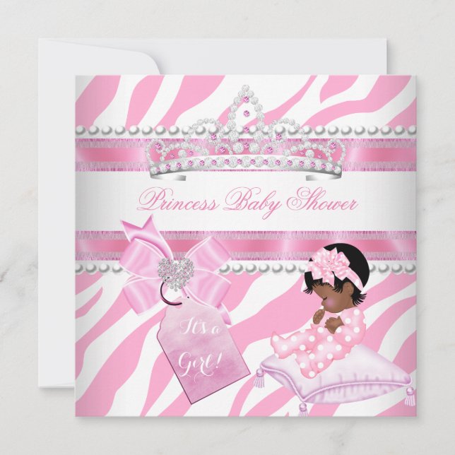 Prinsessa Baby Shower Flicka Zebra Rosa Vit Etnisk Inbjudningar (Framsida)