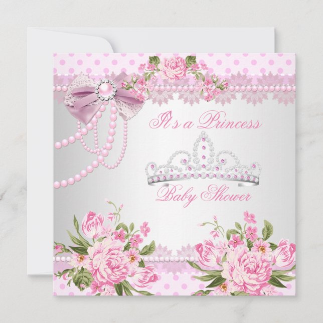 Prinsessa Baby Shower Flickan Rosa Ros Pärl Spets Inbjudningar (Framsida)