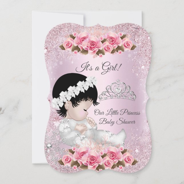 Prinsessa Baby Shower Flickan Rosa Rosor Inbjudningar (Framsida)