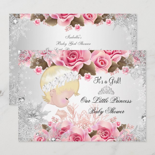 Prinsessa Baby Shower Flickan Rosa Snöflinga Rosor Inbjudningar (Fram/baksida)