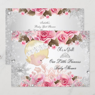 Prinsessa Baby Shower Flickan Rosa Snöflinga Rosor Inbjudningar