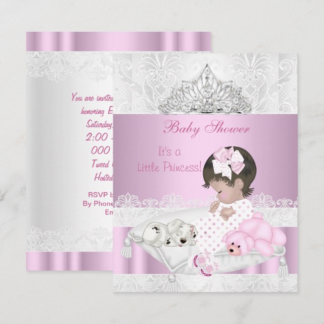 Prinsessa Baby Shower Flickan Tiara Spets Inbjudningar (Fram/baksida)